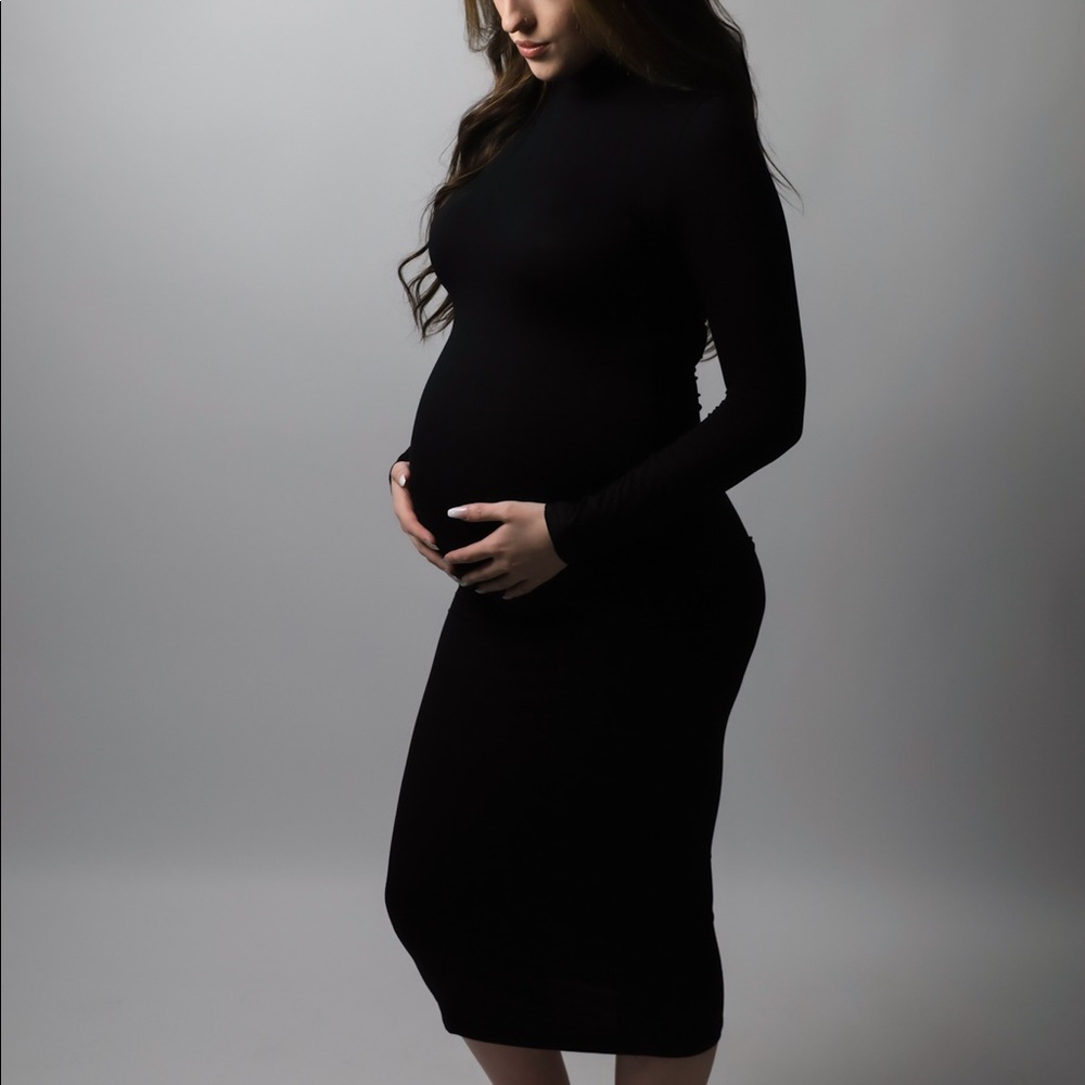 black mock neck midi dress